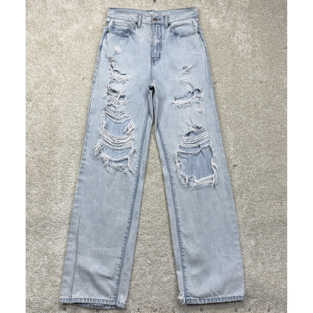 KanCan Signature Jeans Womens 26 Light Wash High‎ Rise Wide Leg Distressed Denim